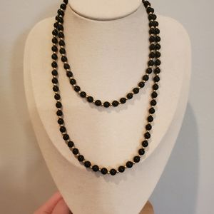 Vintage Signed Monet Black And Gold Beaded Necklace - 34"